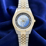 Elegant 67th Star Sapphire Wedding Anniversary Watch<br><div class="desc">Celebrate the 67th star sapphire wedding anniversary with this commemorative watch! Elegant lettering with stylised stars twinkling on a sapphire blue background add a memorable touch for this special occasion and extraordinary milestone. Customise with couple's names, dates of marriage, and congratulatory messages. Design © W.H. Sim. See more at zazzle.com/expressionsoccasions...</div>