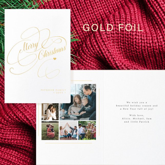 Elegant 6 family photos Merry Christmas script Foil Card (Creator Uploaded)
