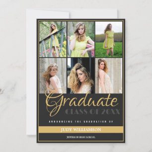 Elegant 6 Photo Collage Black and Gold Graduation Announcement