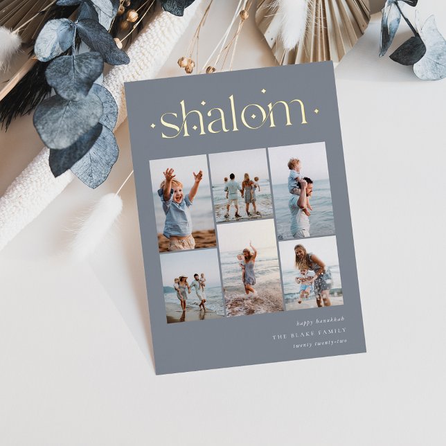 Elegant 6 Photo Collage Shalom Hanukkah Foil Holiday Card (Creator Uploaded)