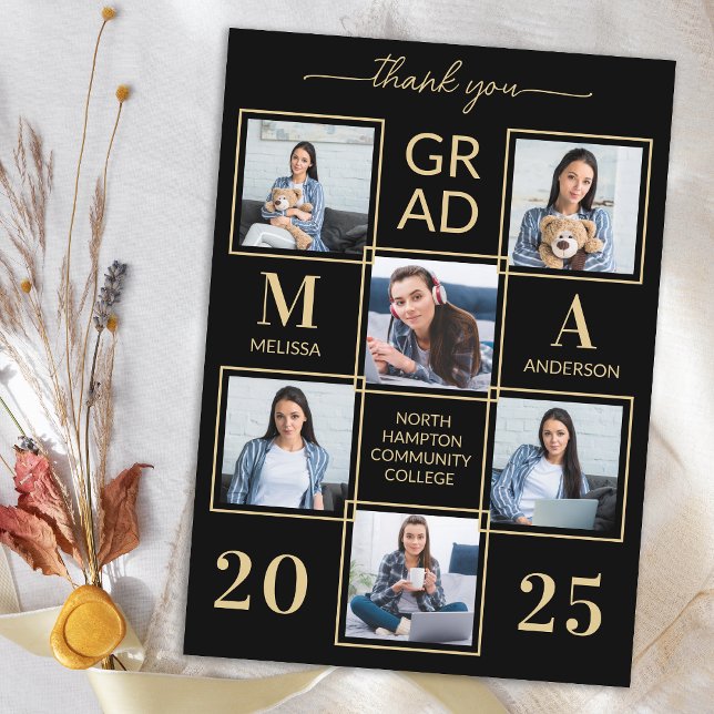 Elegant 6 Photo Personalised Black Gold Graduation Thank You Card (Creator Uploaded)