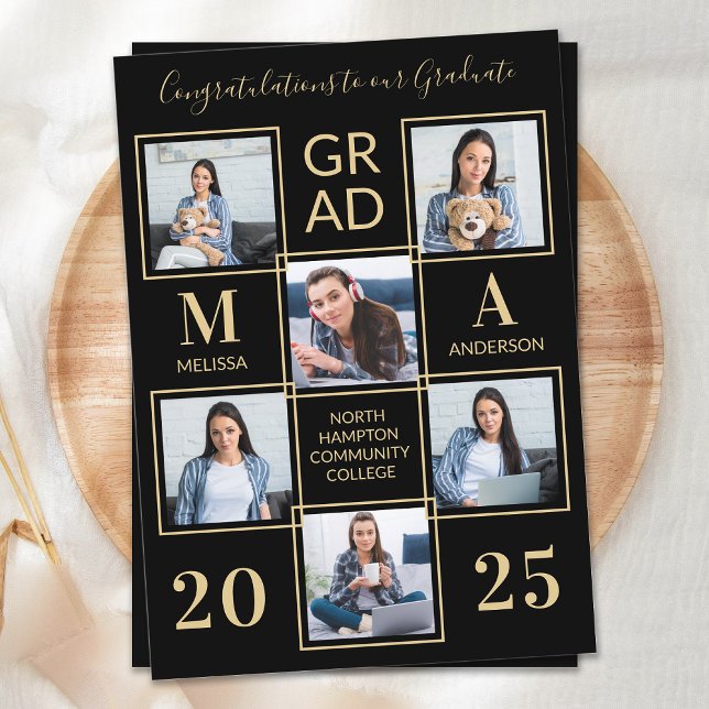 Elegant 6 Photo Personalized Black Gold Graduation Invitation (Creator Uploaded)
