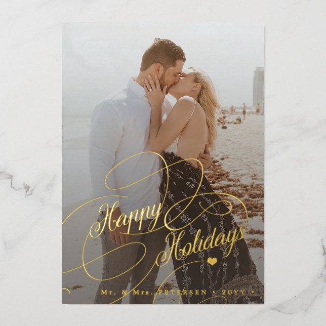 Elegant 6 photos newlywed Happy Holidays gold Foil Holiday Card (Front)