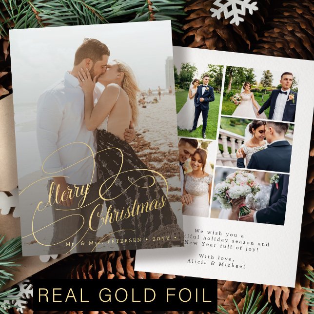 Elegant 6 photos newlywed Merry Christmas gold Foil Holiday Card (Creator Uploaded)