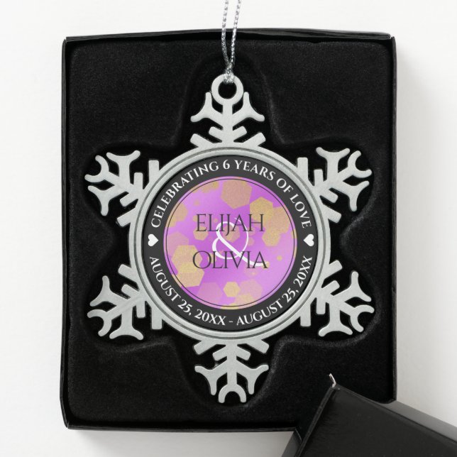 Elegant 6th 33rd Amethyst Wedding Anniversary Snowflake Pewter Christmas Ornament (Box)