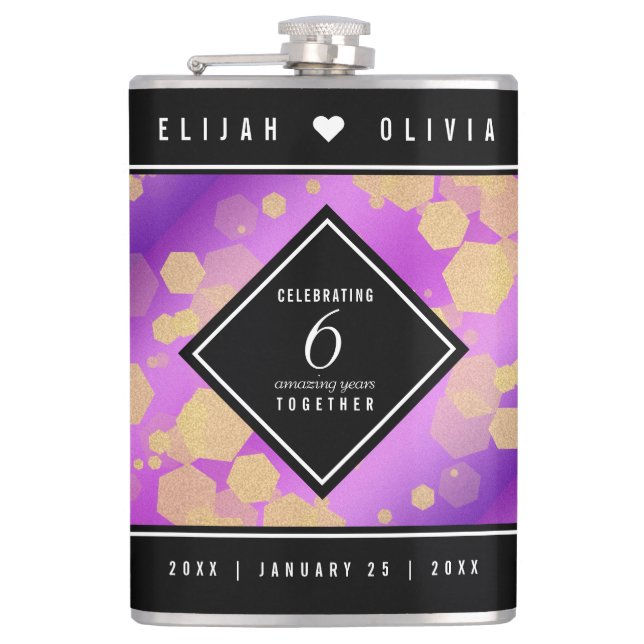 Elegant 6th Amethyst Wedding Anniversary Hip Flask (Front)