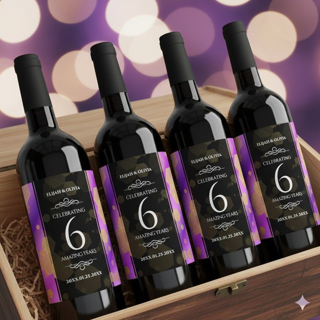 Elegant 6th Amethyst Wedding Anniversary Wine Label (6th Amethyst Wedding Anniversary Wine/Liquor Drink Label Cover Photo 1)