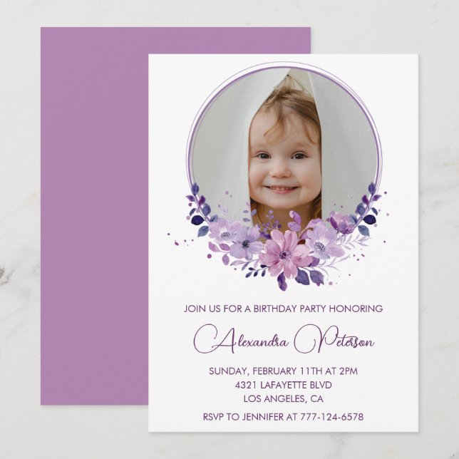 Elegant 6th birthday invitation Photo Floral Boho (Front/Back)