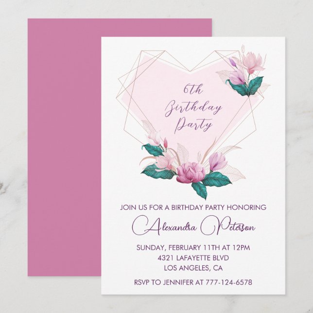 Elegant 6th birthday invitations Pink flowers  (Front/Back)