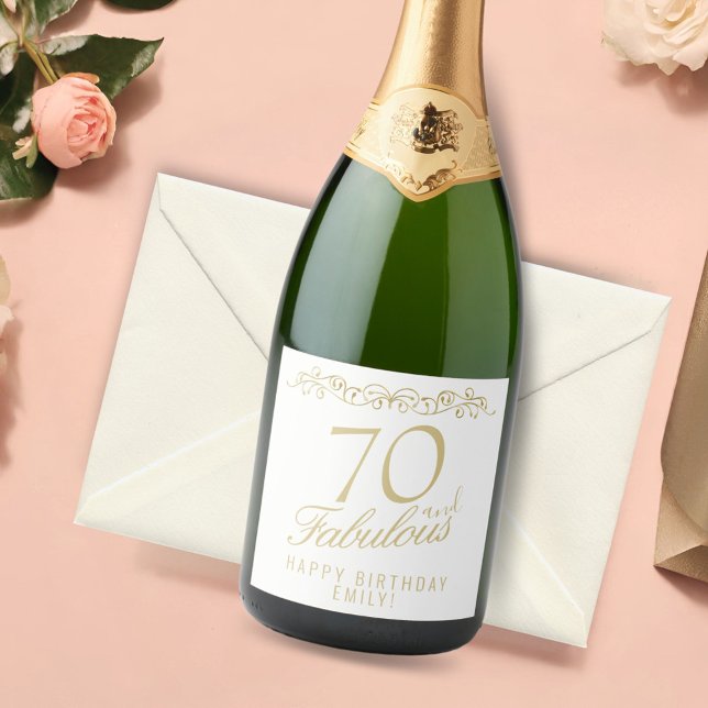 Elegant 70 and Fabulous Ornament 70th Birthday Sparkling Wine Label (Creator Uploaded)