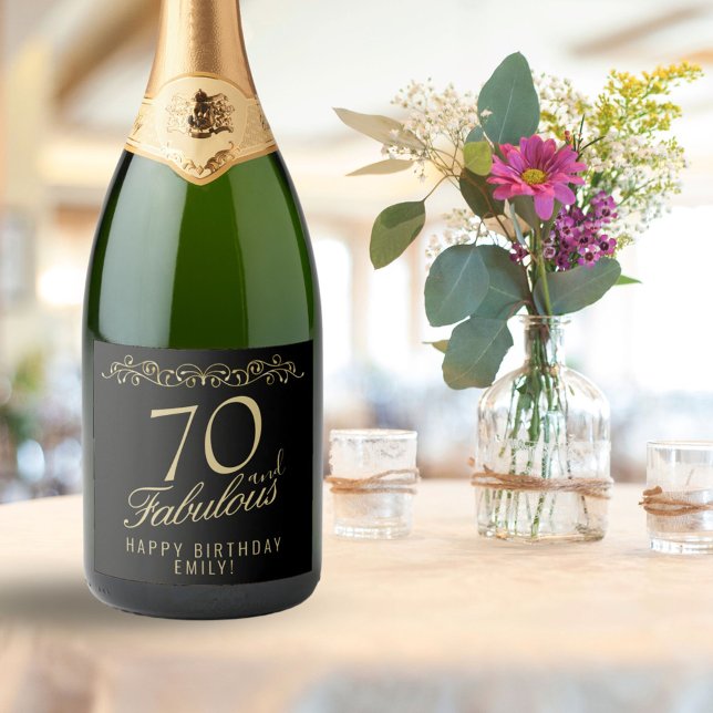 Elegant 70 and Fabulous Ornament 70th Birthday Sparkling Wine Label (Creator Uploaded)