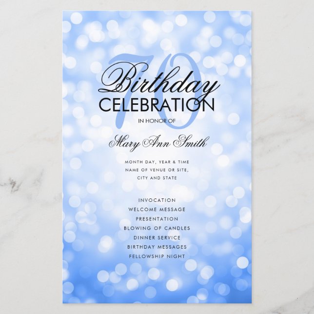 Elegant 70 Birthday Program Lights Navy Menu (Front)