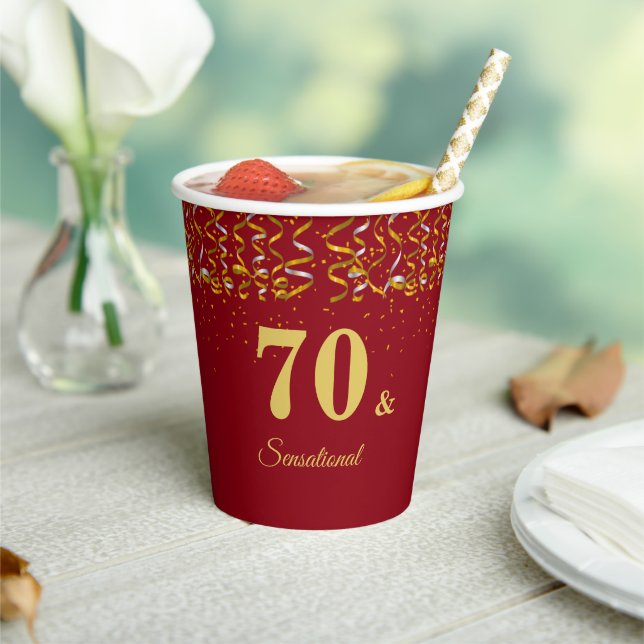 Elegant 70 & Sensational Birthday on Burgundy Paper Cups (Insitu)