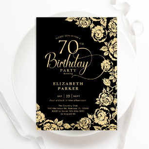 Elegant 70th Birthday Black Gold Roses Invitation
