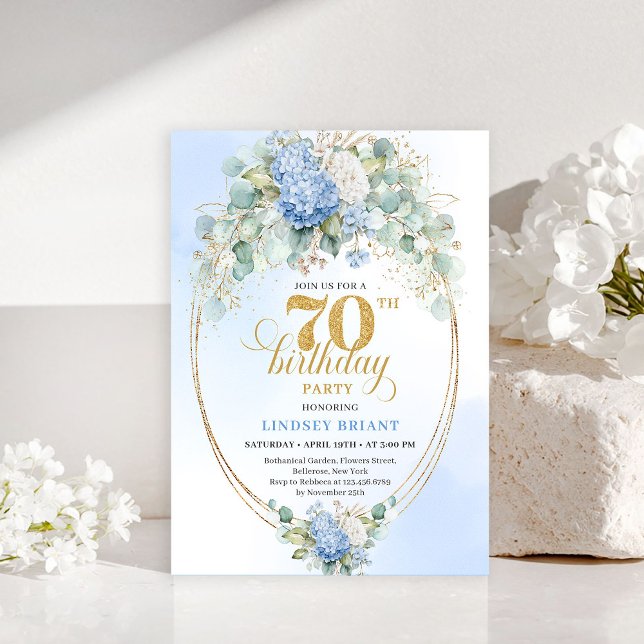 Elegant 70th Birthday Blue Hydrangea Gold Invites (Elegant 70th Birthday Blue Hydrangea Gold Invitation)