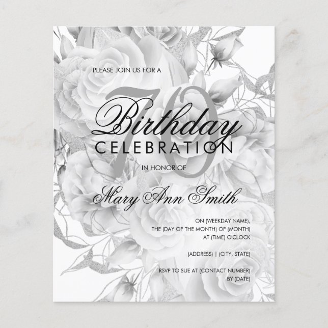 Elegant 70th Birthday Floral Silver White Invite (Front)