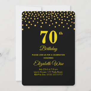 Elegant 70th Birthday & Gold Confetti on Black Invitation