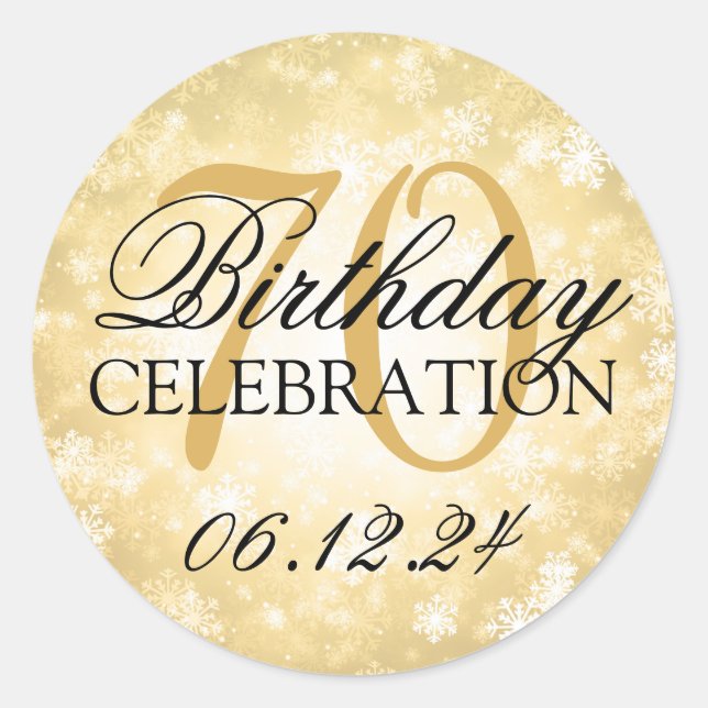 Elegant 70th Birthday Gold Winter Wonderland Classic Round Sticker (Front)