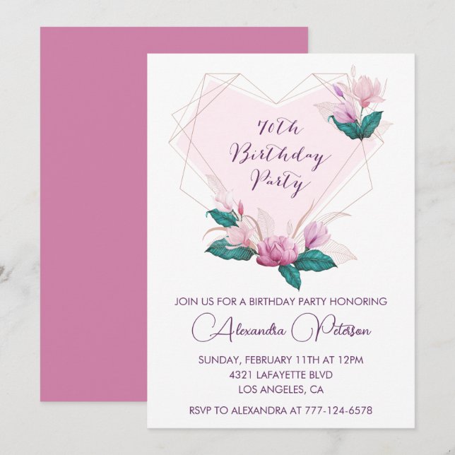 Elegant 70th birthday invitations Pink Floral (Front/Back)