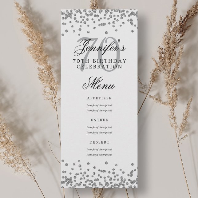 Elegant 70th Birthday Menu Silver Confetti Invitation (Elegant 70th Birthday Menu Silver Confetti Invitation)