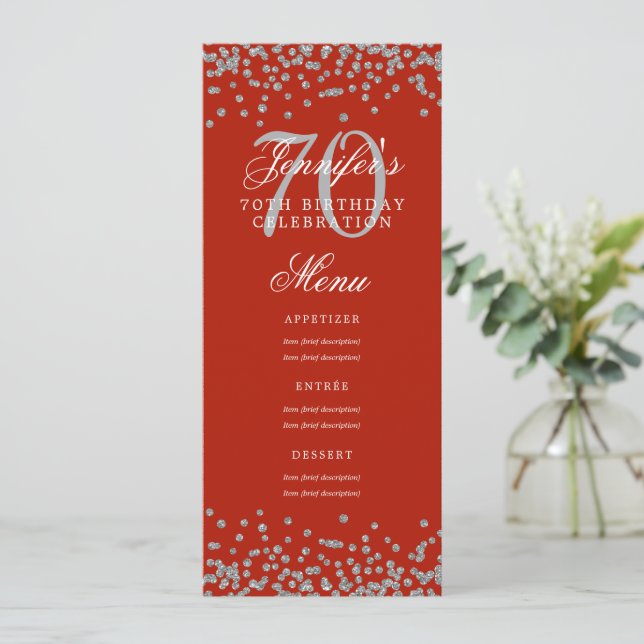 Elegant 70th Birthday Menu Silver Confetti Red  Invitation (Standing Front)