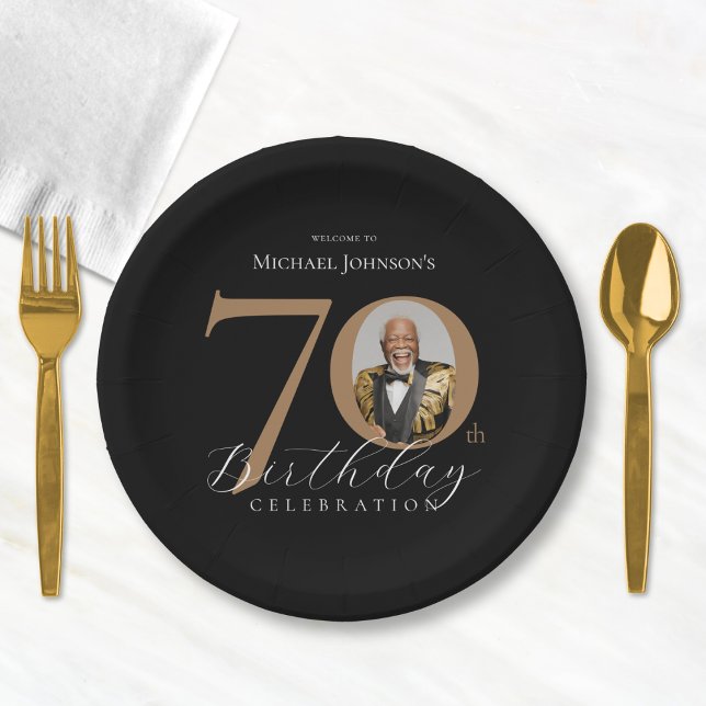 Elegant 70th Birthday Paper Plate (Elegant Black and Gold 70th Birthday Paper Plates)