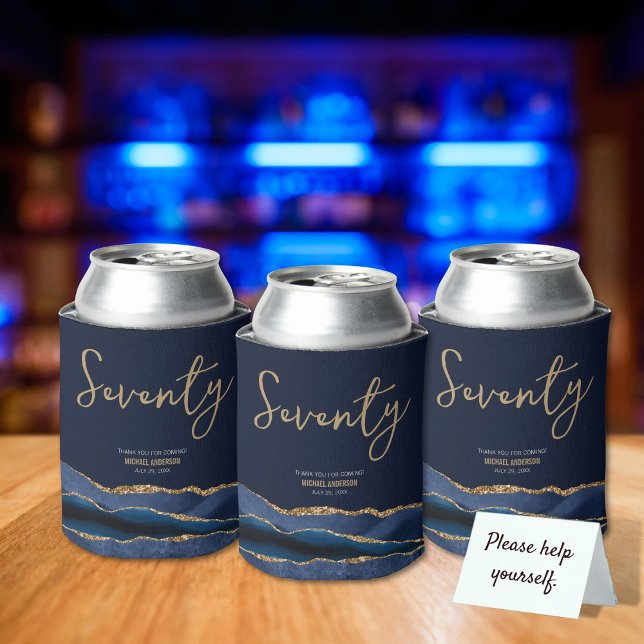 Elegant 70th Birthday Party Blue Gold Agate Can Cooler (Creator Uploaded)