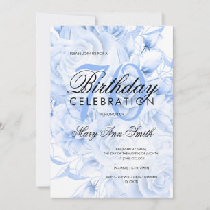 Elegant 70th Birthday Party Floral Navy Blue Invitation