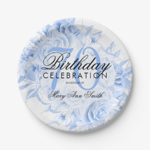 Elegant 70th Birthday Party Floral Navy Blue Paper Plate