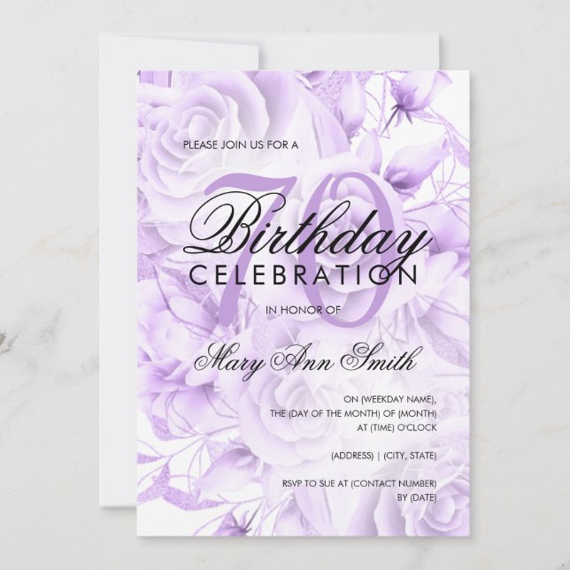 Elegant 70th Birthday Party Floral Purple  Invitation (Front)