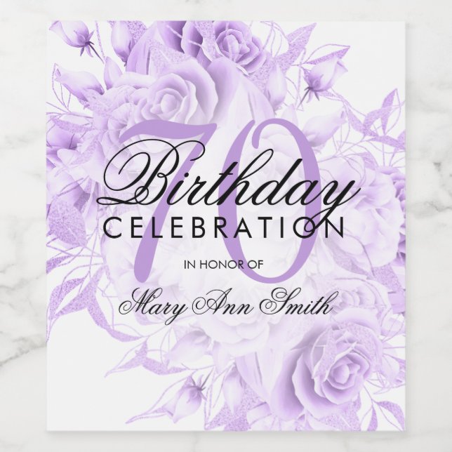 Elegant 70th Birthday Party Floral Purple  Wine Label (Single Label)