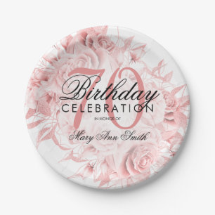 Elegant 70th Birthday Party Floral Rose Gold Paper Plate