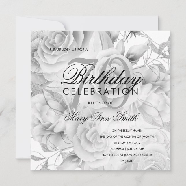 Elegant 70th Birthday Party Floral Silver White (Front)