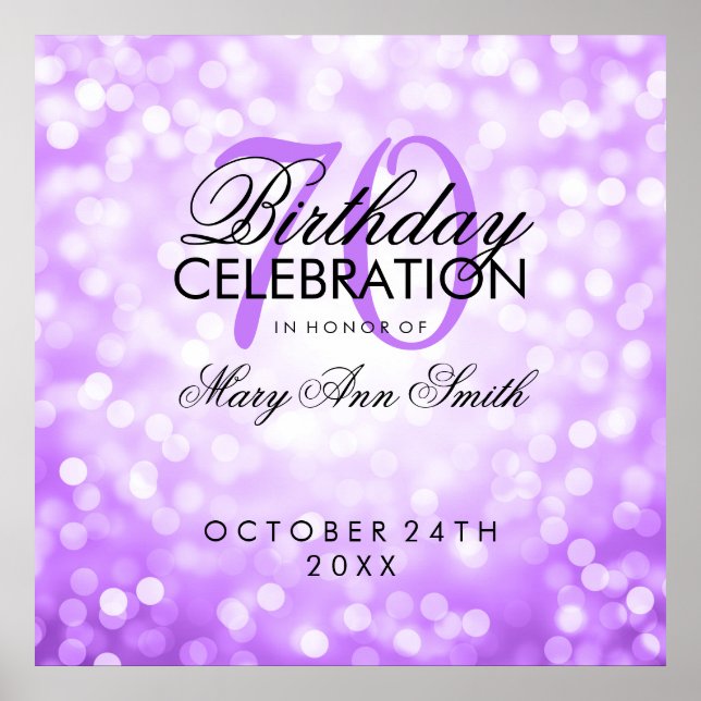 Elegant 70th Birthday Party Glitter Lights Purple Poster (Front)