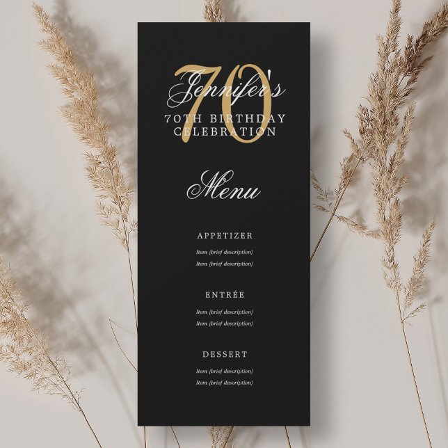 Elegant 70th Birthday Party Menu Gold Black Invitation (Elegant 70th Birthday Party Menu Gold Black Invitation)