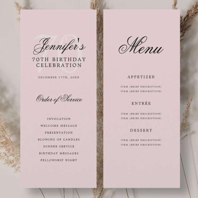 Elegant 70th Birthday Party Program Menu Blush  (Elegant 70th Birthday Party Program Menu Blush )