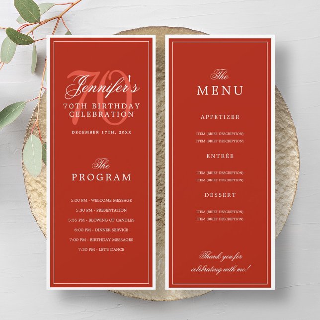 Elegant 70th Birthday Party Program Menu Red  (Elegant 70th Birthday Party Program Menu Red )