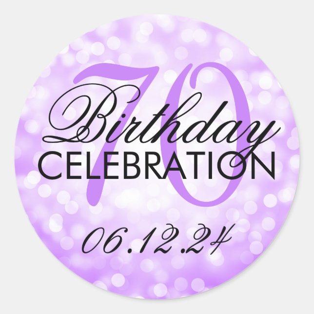 Elegant 70th Birthday Party Purple Glitter Lights Classic Round Sticker (Front)
