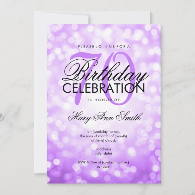Elegant 70th Birthday Party Purple Glitter Lights Invitation (Front)