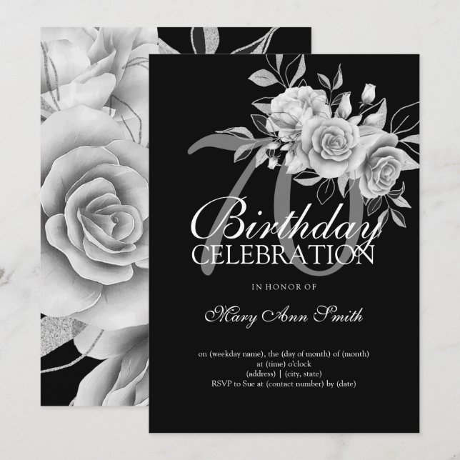 Elegant 70th Birthday Party Silver Floral Invitation (Front/Back)