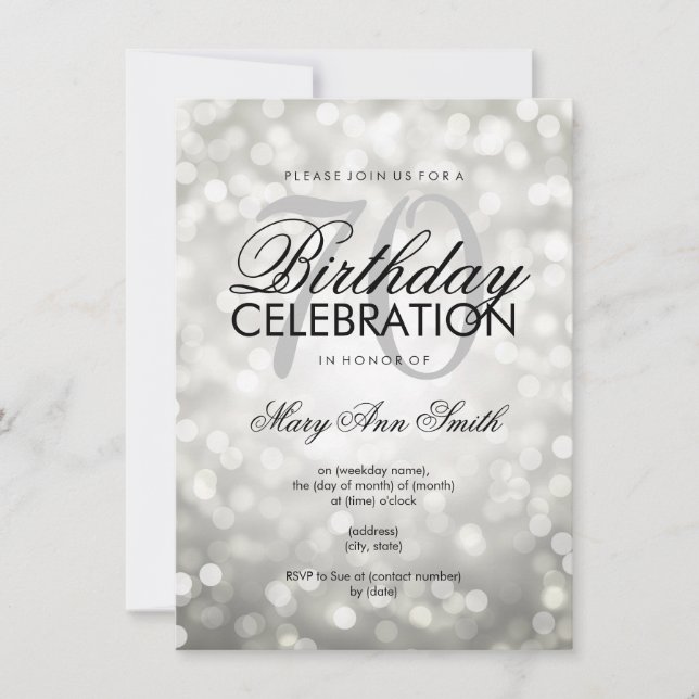 Elegant 70th Birthday Party Silver Glitter Lights Invitation (Front)