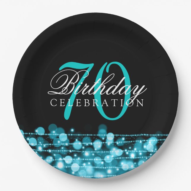 Elegant 70th Birthday Party Sparkles Turquoise Paper Plate (Front)