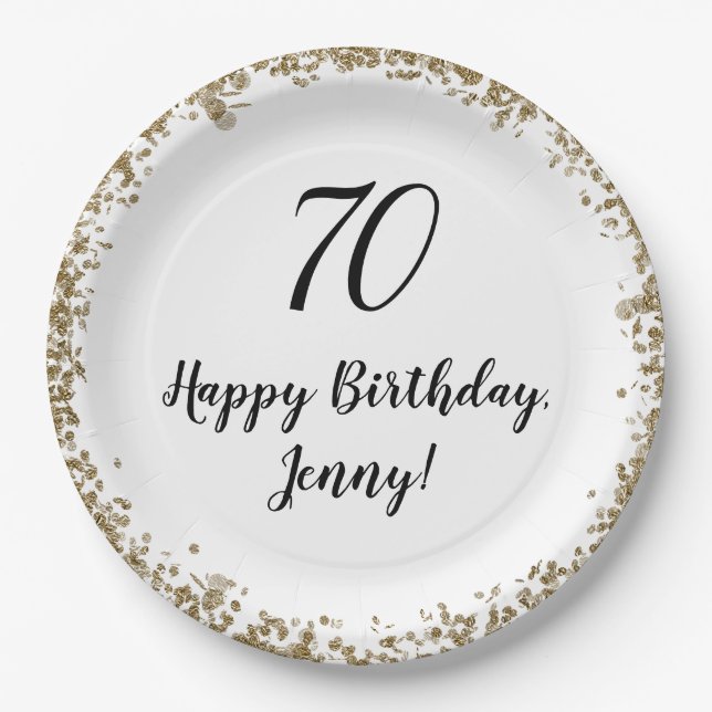 Elegant 70th Birthday Plates For Her in Gold (Front)