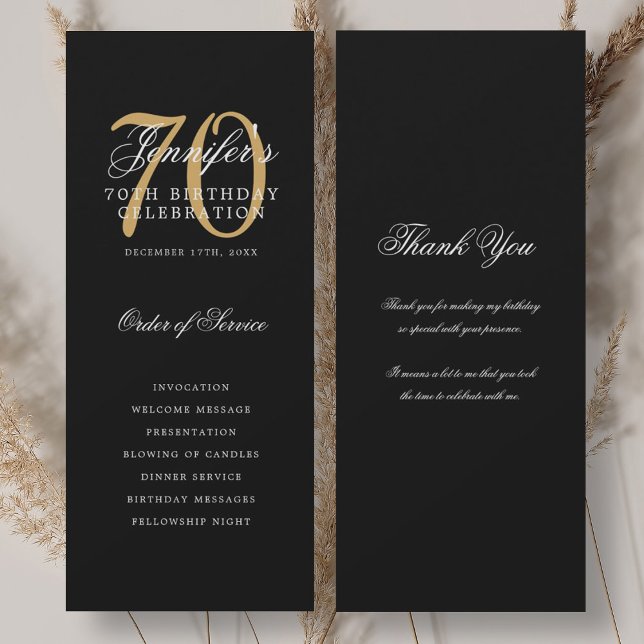 Elegant 70th Birthday Program Gold Black Thank You (Elegant 70th Birthday Program Gold Black Thank You)