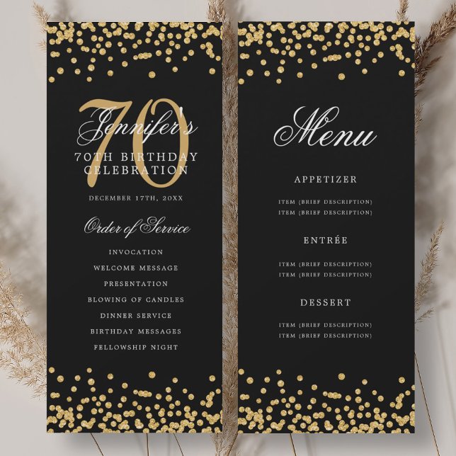 Elegant 70th Birthday Program Gold Confetti Menu (Creator Uploaded)