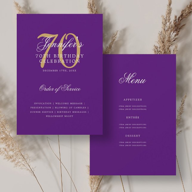 Elegant 70th Birthday Program Gold Purple w/ Menu (Elegant 70th Birthday Program Gold Purple w/ Menu)