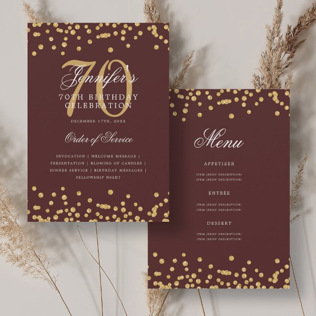 Elegant 70th Birthday Program Menu Gold Burgundy  (Creator Uploaded)