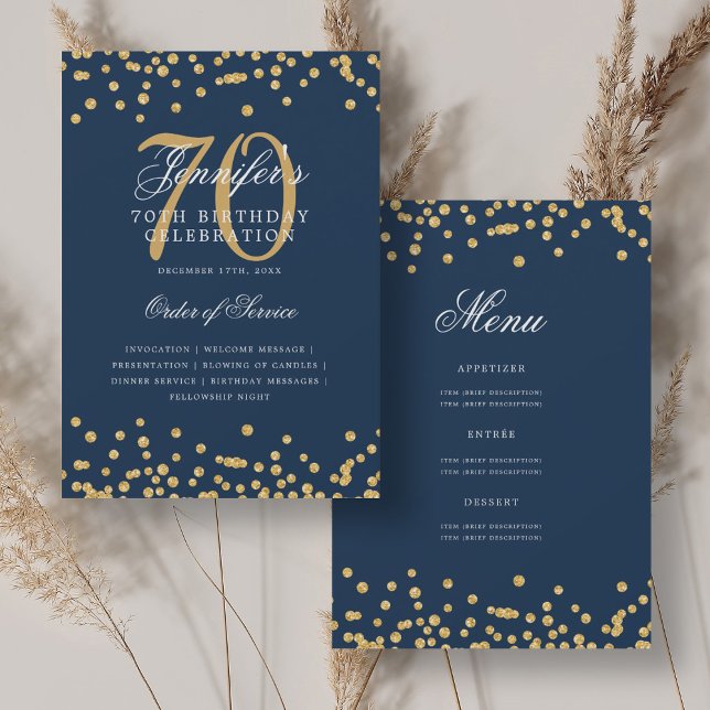 Elegant 70th Birthday Program Menu Gold Navy Blue (Elegant 70th Birthday Program Menu Gold Navy Blue)