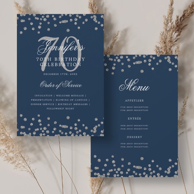 Elegant 70th Birthday Program Menu Silver Navy  (Elegant 70th Birthday Program Menu Silver Navy)