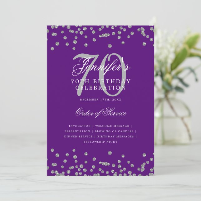 Elegant 70th Birthday Program Menu Silver Purple  (Standing Front)